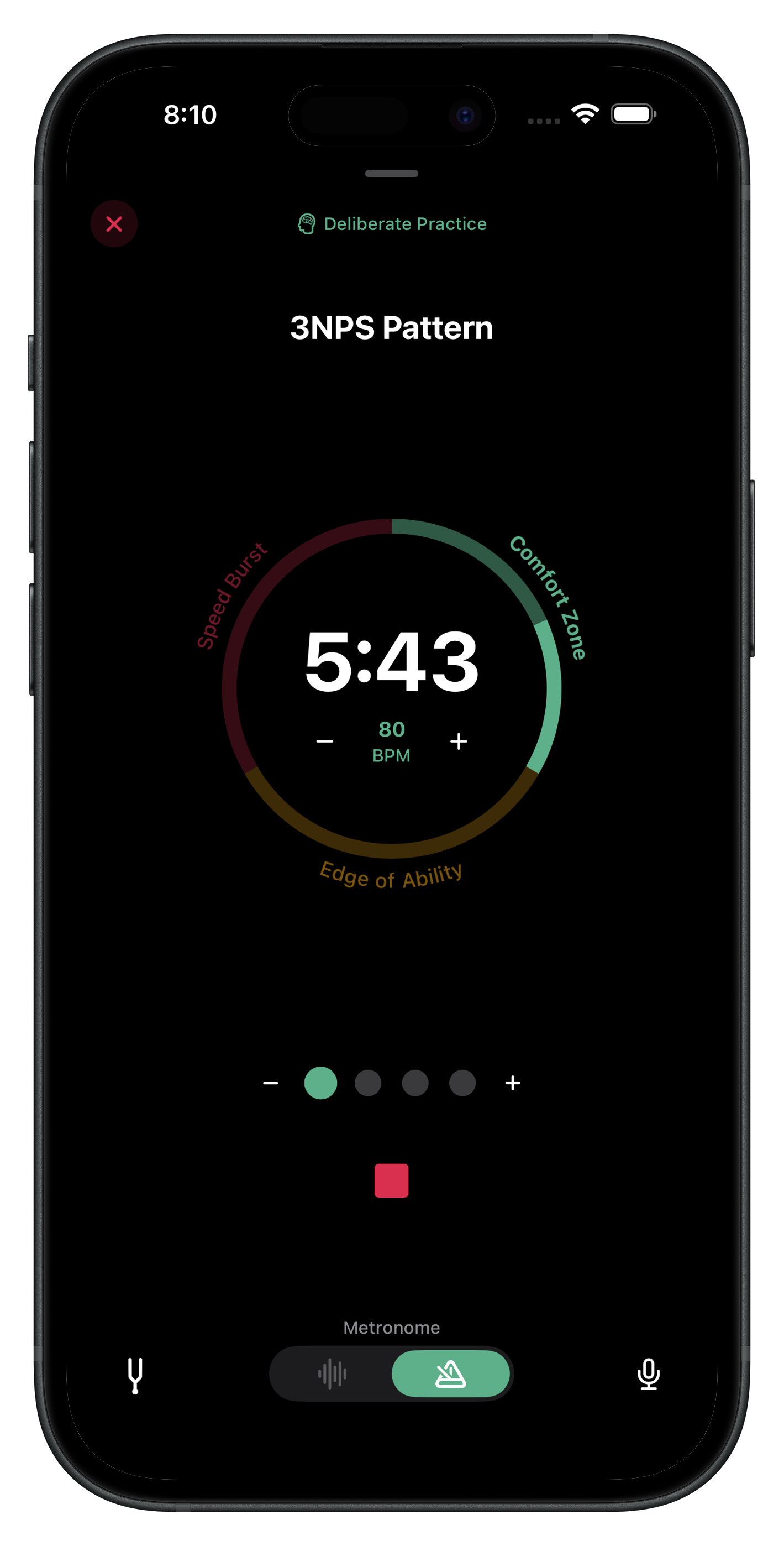 Repétude Deliberate Practice Mode showing Comfort Zone