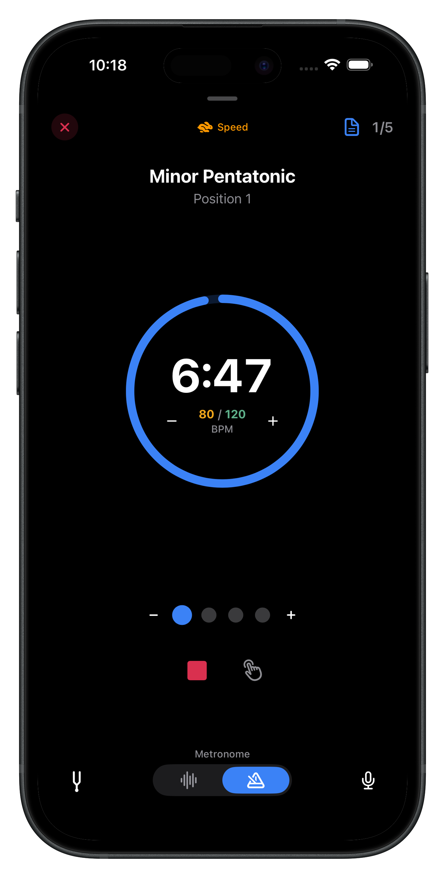 Repétude app showing BPM memory feature with exercise tempo settings
